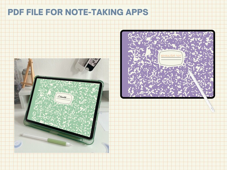 May include: Two digital tablets with a green and purple notebook paper background. The tablets are both displaying a notebook paper background with a blank space for writing. The tablets are both surrounded by a white grid.