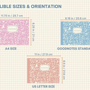 May include: A graphic showing three different notebook sizes with their dimensions in inches and centimetres. The sizes are A4, Goodnotes Standard, and US Letter. The graphic is on a grid background.