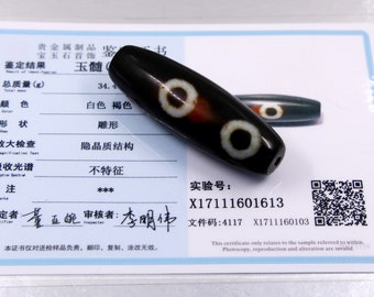 FREE SHIPPING - Old Sacred DZI bead 2 eyes in Natural Agate - Tibet - Certificate of authenticity - 59x19x19mm