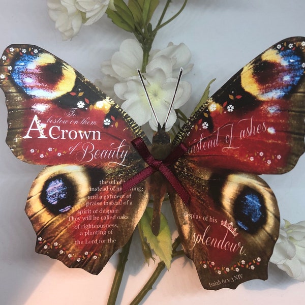 Christian Gift - Handmade Bible Verse 3D Butterfly Isaiah 61 v 3 Gift, Crown of Beauty, Peacock Butterfly