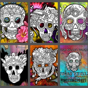 5 Sugar Skull Day of the Dead Original Art Coloring Book pages for Adults: dias de los muertos, Coloring Pages for Adults, Printable prefill image 1