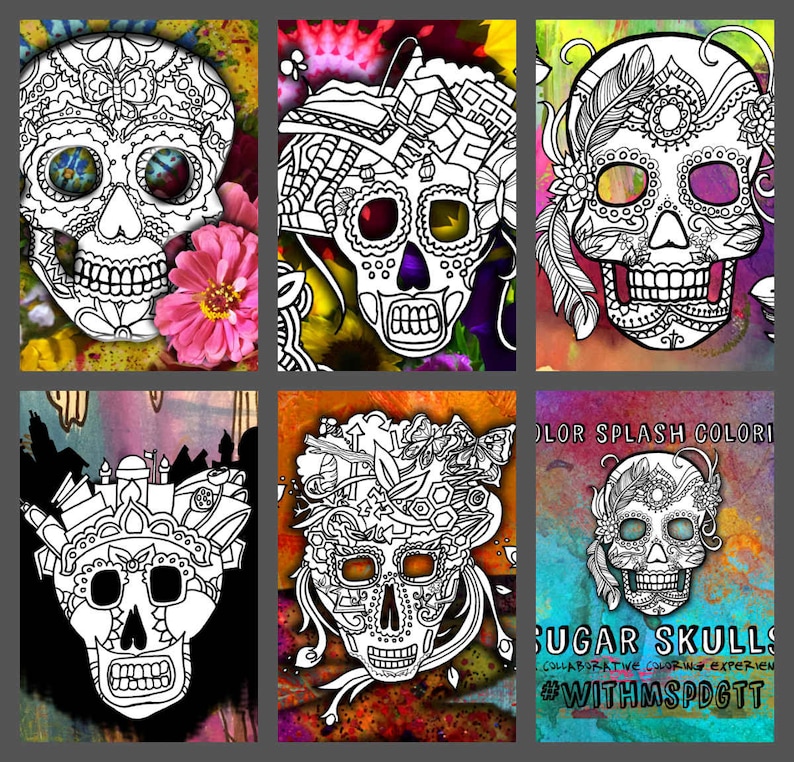 5 Sugar Skull Day of the Dead Original Art Coloring Book pages for Adults: dias de los muertos, Coloring Pages for Adults, Printable prefill image 1