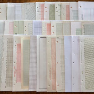 May include: A collection of various loose-leaf graph paper sheets featuring diverse grid patterns, including standard squares, logarithmic scales, and triangular grids. Each white paper sheet includes pre-punched holes along the left edge.