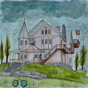 May include: Watercolor painting of a Victorian-style house on a grassy hill. The house is light pink with a dark roof and a tall tower. A flag with a heart hangs from the roof. Two green buttons are in the foreground.
