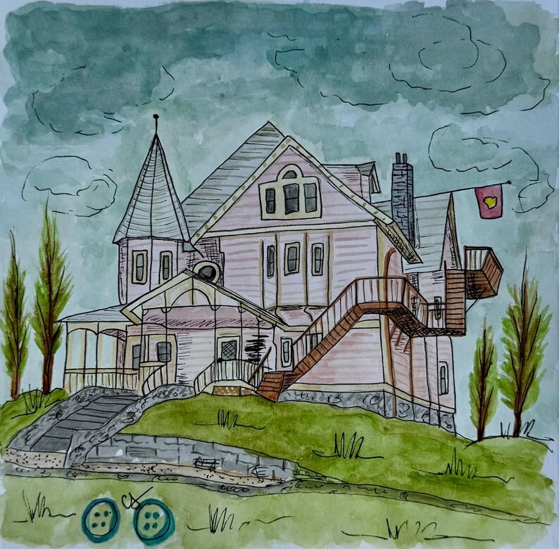 May include: Watercolor painting of a Victorian-style house on a grassy hill. The house is light pink with a dark roof and a tall tower. A flag with a heart hangs from the roof. Two green buttons are in the foreground.