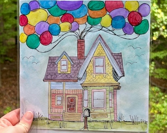 Up House Watercolor Painting, Whimsical Balloon Art (8x8)