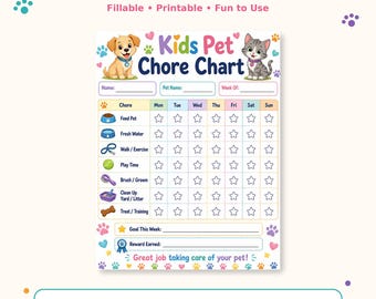 Kids Pet Chore Chart Fillable PDF, Printable Weekly Pet Care Responsibility Chart for Children, Dog and Cat Reward Tracker