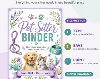 Fillable Pet Sitter Binder PDF, Dog and Cat Care Instructions, Printable Pet Planner