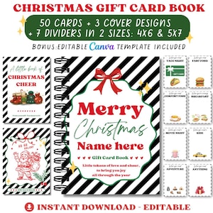 May include: A Christmas gift card book with 50 cards, 3 cover designs, and 7 dividers in 2 sizes: 10x15 and 13x18 cm. The cover features a red bow and the words "Merry Christmas". Includes an editable Canva template.