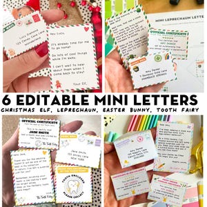Paquete imprimible de 6 minicartas editables: carta del conejito de Pascua, carta del duende, carta del elfo navideño, carta del hada de los dientes (PDF editable)