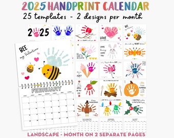 Handprint Calendar 2025 Landscape, Printable Handprint Craft Bundle, Handprint Footprint Art for Kids Baby Toddler Memory Keepsake DIY Card