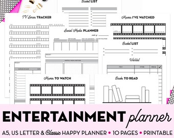 Printable Entertainment Planner Bundle - 10 Planner Inserts in A5, A4, US Letter & Classic Happy Planner Size