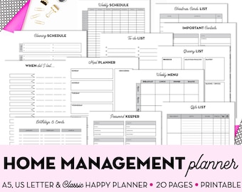 20 Printable Home Management Planner Inserts - Home Binder: Cleaning/Meal Planning - Pack of 20 Inserts in A5, US Letter & Classic HP