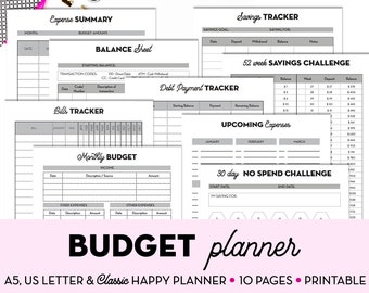 Puede incluir: Planificador de presupuesto imprimible con 10 páginas en tamaños A5, US Letter y Classic Happy Planner. El planificador incluye secciones para resumen de gastos, balance, seguimiento de facturas, presupuesto mensual, seguimiento de ahorros, desafío de ahorro de 52 semanas, seguimiento de pago de deudas, gastos próximos y desafío de 30 días sin gastos.