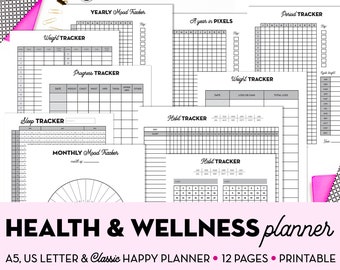 12 Printable Health and Wellness Planner Inserts -Pack of 12 Mind and Body Planner Inserts in A5, A4, US Letter & Classic Happy Planner Size