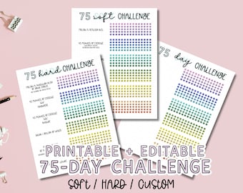 PACK OF 3: 75 Soft Challenge Tracker + 75 Hard Challenge + 75-Day Challenge -  Editable PDF, Bullet Journal Habit Tracker Spreads,Journaling