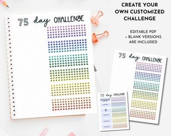 Printable Custom 75-Day Challenge Tracker, Editable PDF Instant Download, Bullet Journal, Habit Tracker, Spreads, Pages, Bujo, Journaling