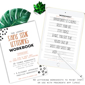 Puede incluir: Un cuaderno digital para practicar la caligrafía sans serif. La portada presenta un diseño en blanco y negro con el título "The Lovely Sans Serif Lettering Workbook". El cuaderno incluye 20 hojas de trabajo temáticas y 9 hojas de práctica de mayúsculas del alfabeto. El texto "40 hojas de trabajo de caligrafía para imprimir (PDF) o usar con la aplicación Procreate (JPEG)" está en la parte inferior de la imagen.