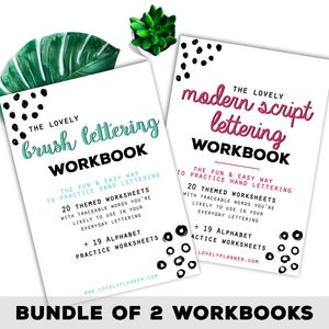 May include: Two printable workbooks for practicing brush lettering and modern script lettering. Each workbook includes 20 themed worksheets with traceable words and 19 alphabet practice worksheets. The workbooks are black and white with pink and teal accents.