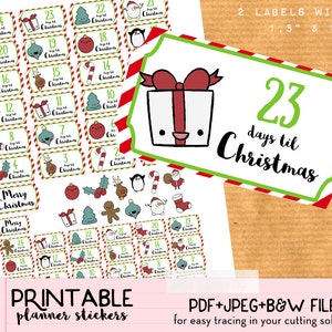 Weihnachten Countdown Sticker - Cute Xmas Printable Sticker, Adventskalender Aufkleber, DIY, drucken und schneiden, PDF sofort download