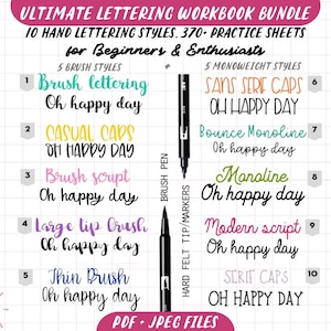 BUNDLE 370 Hand Lettering Practice Worksheets, 10 Lettering Alphabet Styles Brush/Monoline for Procreate & Print, Modern Calligraphy, Ipad