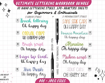 BUNDLE 370 Hand Lettering Practice Worksheets, 10 Lettering Alphabet Styles Brush/Monoline for Procreate & Print, Modern Calligraphy, Ipad