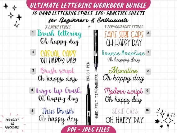 BUNDLE 370 Hand Lettering Practice Worksheets, 10 Lettering Alphabet Styles Brush/Monoline for Procreate & Print, Modern Calligraphy, Ipad