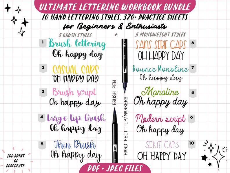 BUNDLE 370 Hand Lettering Practice Worksheets, 10 Lettering Alphabet Styles Brush/Monoline for Procreate & Print, Modern Calligraphy, iPad image 1
