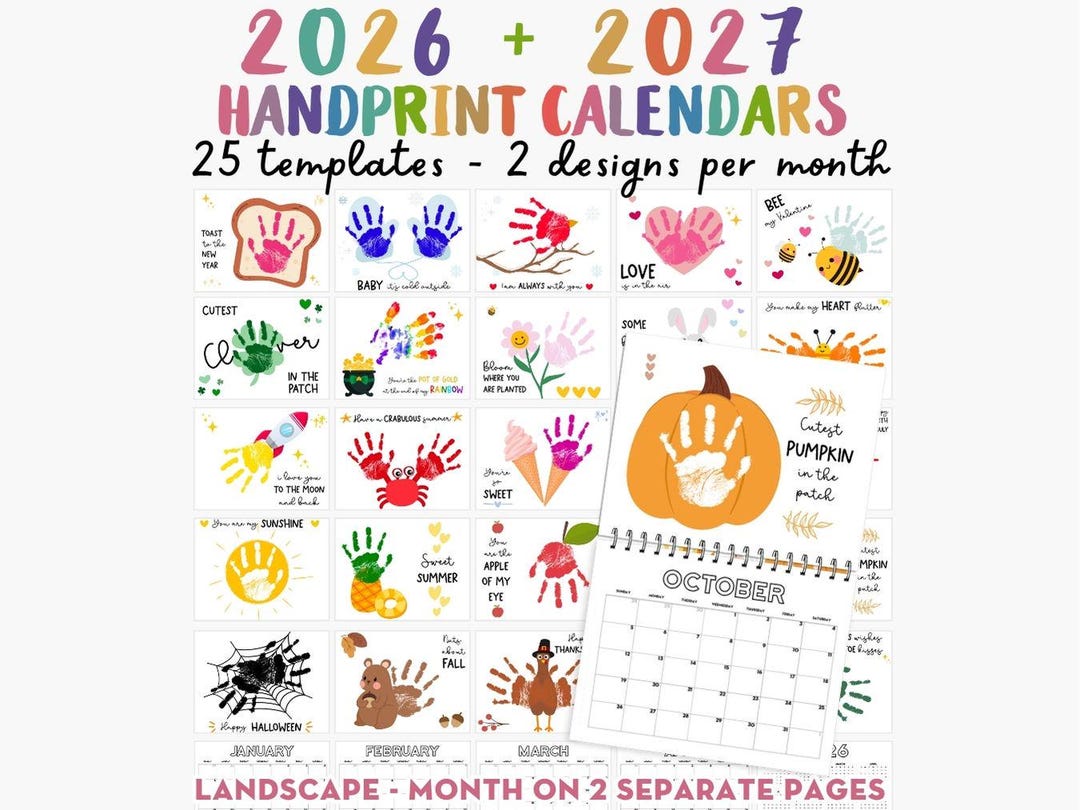 BUNDLE 2026 2027 Handprint Calendar on 2 Pages Landscape, Printable ...