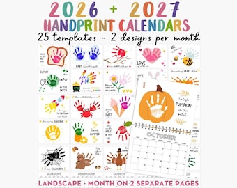 Pack 2026-2027: Calendario de huellas de manos en 2 páginas (horizontal), kit imprimible para manualidades con huellas de manos y pies para bebés y niños pequeños (regalo DIY).