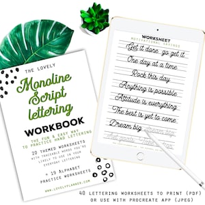 40 Lettering Practice Worksheets Monoline Script Lettering for Procreate & Print PDF + JPEG, Calligraphy, Hand Lettering, Ipad Lettering