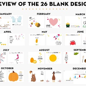 May include: A preview of 26 blank designs, each representing a month of the year. The designs include illustrations of a slice of toast, bees, a heart, a four-leaf clover, a flower, a bunny, a rocket, a crab, fireworks, a flamingo, a sun, an apple, a spiderweb, a pumpkin, a bear, a turkey, and Christmas lights.