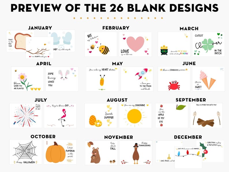 May include: A preview of 26 blank designs, each representing a month of the year. The designs include illustrations of a slice of toast, bees, a heart, a four-leaf clover, a flower, a bunny, a rocket, a crab, fireworks, a flamingo, a sun, an apple, a spiderweb, a pumpkin, a bear, a turkey, and Christmas lights.