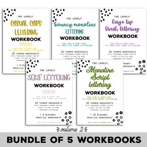 BUNDLE of 5 Lettering Workbooks with 180 Hand Lettering Practice Worksheets - Volume 2 - Procreate & Print, Modern Calligraphy, Ipad