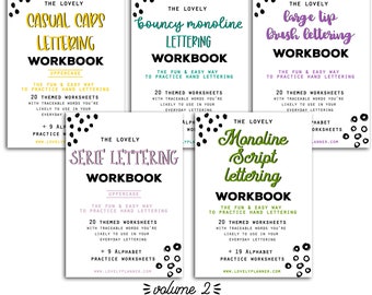 BUNDLE of 5 Lettering Workbooks with 180 Hand Lettering Practice Worksheets - Volume 2 - Procreate & Print, Modern Calligraphy, Ipad