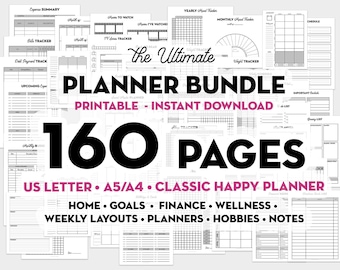 Ultimate Planner Bundle - 160 pages Agendas quotidiens, Agendas hebdomadaires, Maison, Finances, Objectifs, Fitness,... - A4/A5/Letter/Classic Happy Planner
