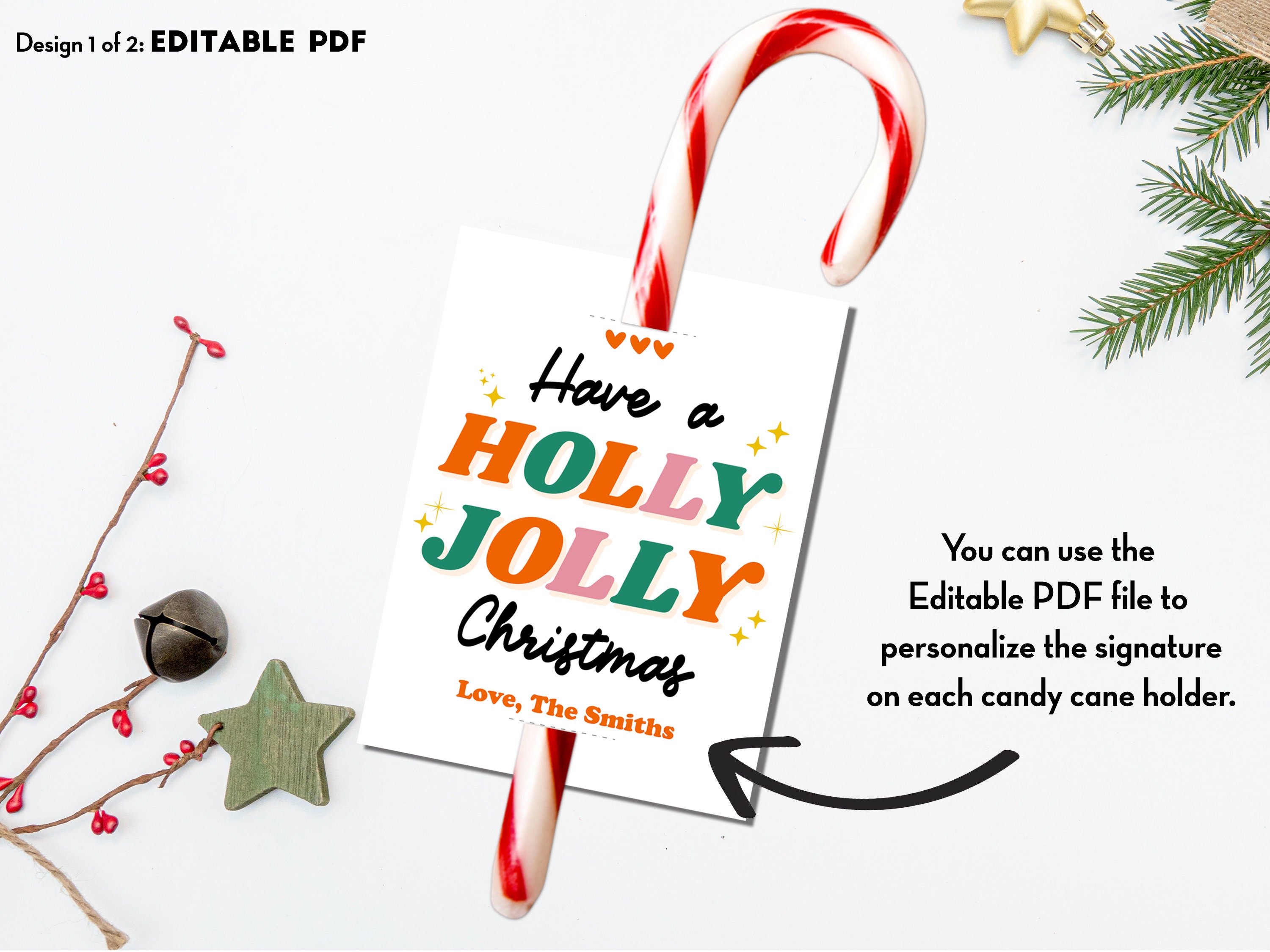 Editable Printable Candy Cane Holder, Holly Jolly Christmas Candy Cane ...