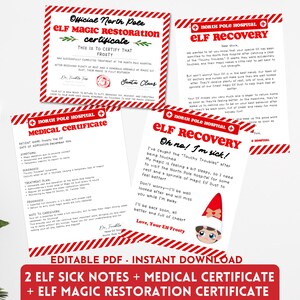 PAQUETE EDITABLE Aviso de enfermedad de elfo imprimible Certificado médico de elfo Carta de recuperación de elfo Hospital del Polo Norte Restauración mágica de elfo navideño