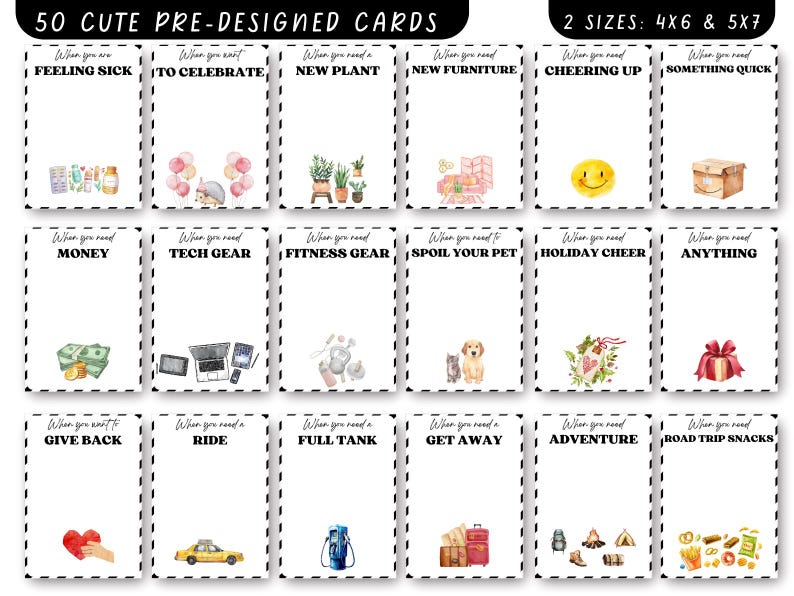 May include: A set of 50 pre-designed cards in sizes 4x6 and 5x7 inches (approx. 10x15 cm and 13x18 cm). Each card has a watercolor illustration and text, including phrases like "Feeling Sick," "To Celebrate," and "New Plant." Ideal for various occasions.