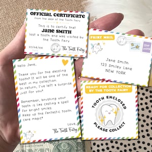 Mini set de Hada de los Dientes editable e imprimible con carta personalizable, sobres, recibo de diente y certificado de diente perdido - Arcoíris