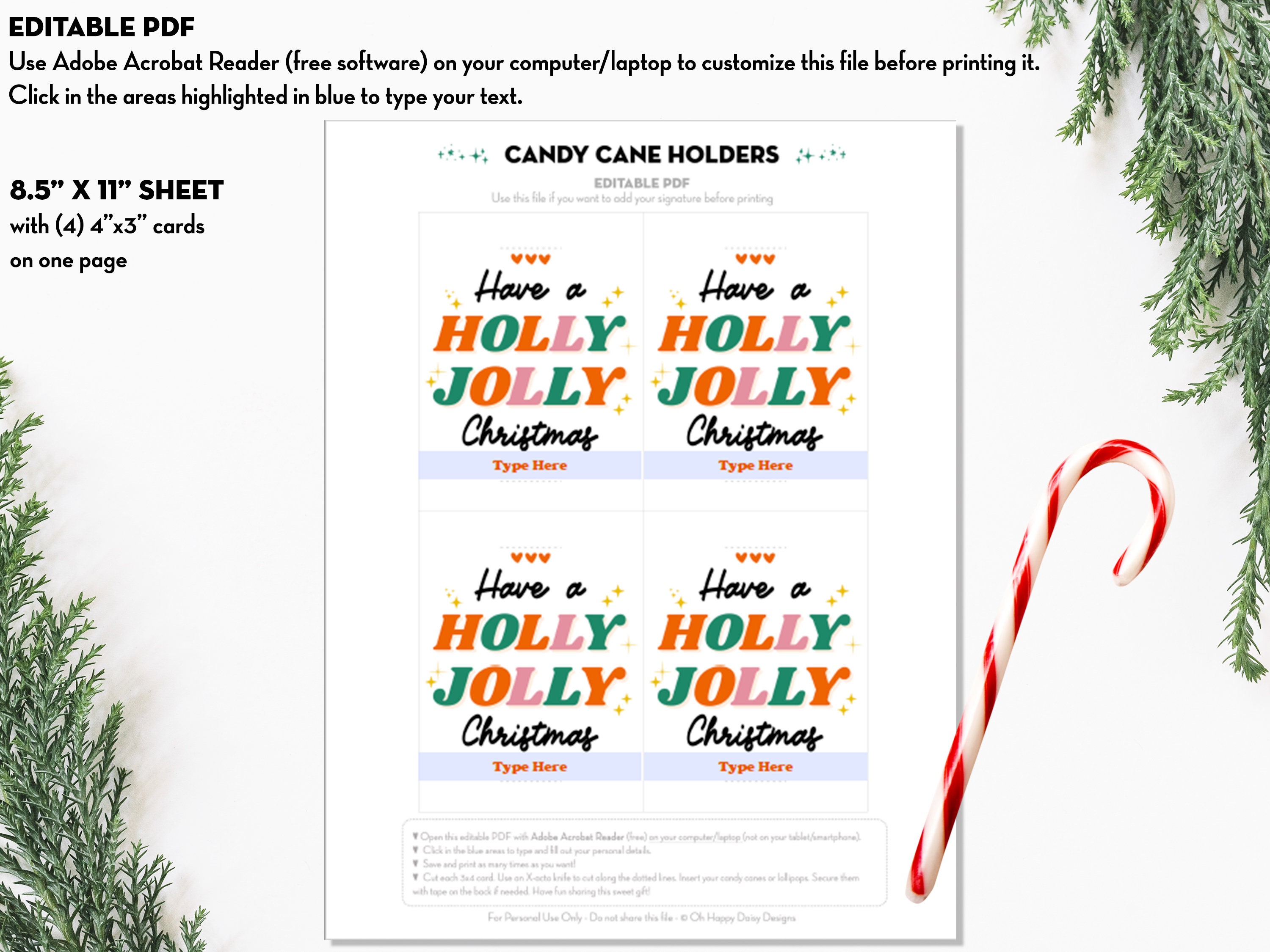 Editable Printable Candy Cane Holder, Holly Jolly Christmas Candy Cane ...