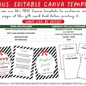 May include: A digital gift card book template with editable Canva elements. Includes front covers, gift card holders, message pages, and divider pages. Features examples with holiday themes and text fields for customisation.