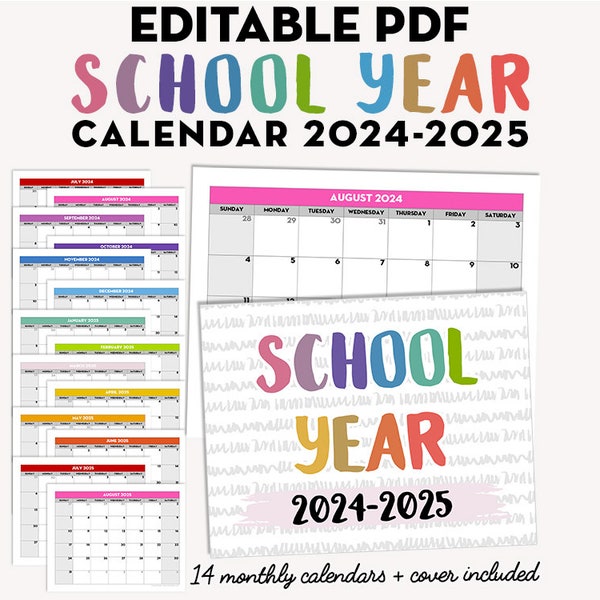 Printable EDITABLE Monthly School Calendar 2024-2025 Template, Academic Year 2024-25 Calendar, Editable PDF Teacher Calendar