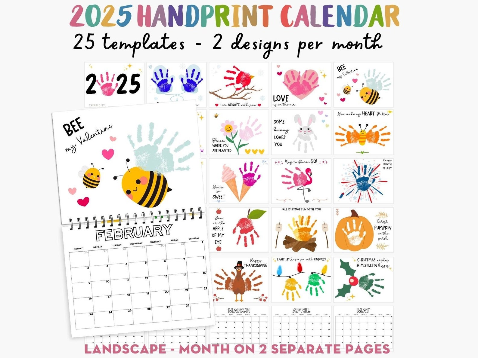 Handprint Calendar 2025 Landscape, Printable Handprint Craft Bundle