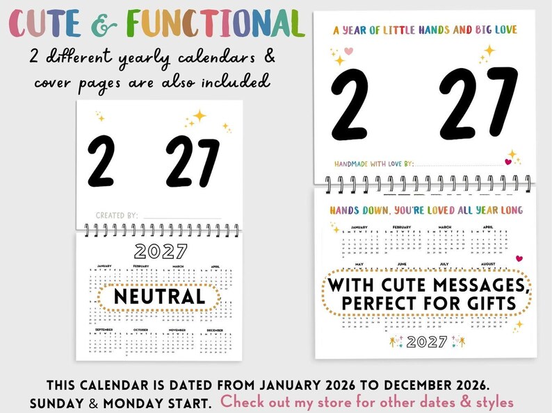 BUNDLE 2026 2027 Handprint Calendar on 2 Pages Landscape, Printable ...