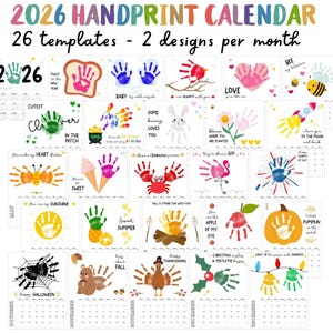 Calendrier 2026 empreinte de main, lot de créations d'empreintes de main imprimables, oeuvre d'art de l'empreinte de pas de main pour enfants, carte de souvenir souvenir souvenir de bébé, jalon