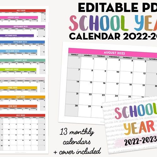 printable editable monthly school year calendar template etsy