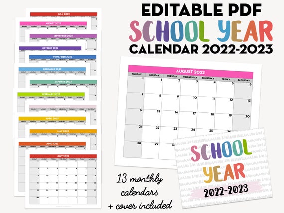 Printable EDITABLE Monthly School Year Calendar Template - Etsy