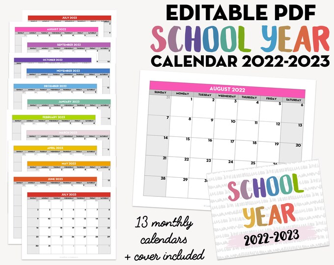 Printable EDITABLE Monthly School Year Calendar Template - Etsy