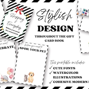May include: Printable gift card book pages with a stylish design. The pages feature watercolor illustrations, cute fonts, and a cohesive modern look. The text includes "Shopping & Everyday", "To Celebrate", and "Spoil Your Pet".